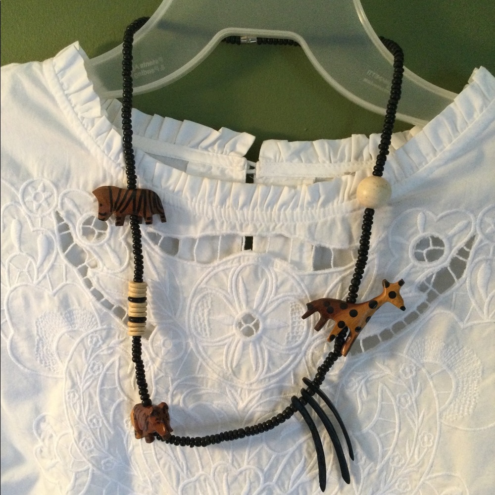 Vintage wood carved safari animals necklace